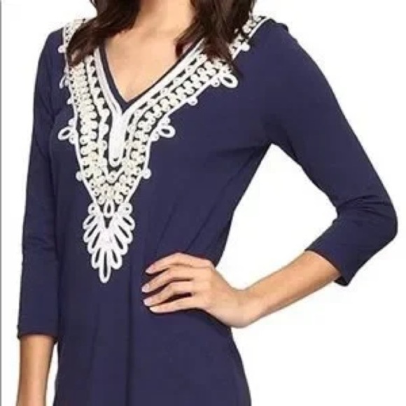 Lilly Pulitzer Clarkson Navy gold trim white scroll 3/4 sleeve dress Embroidered - Picture 3 of 12